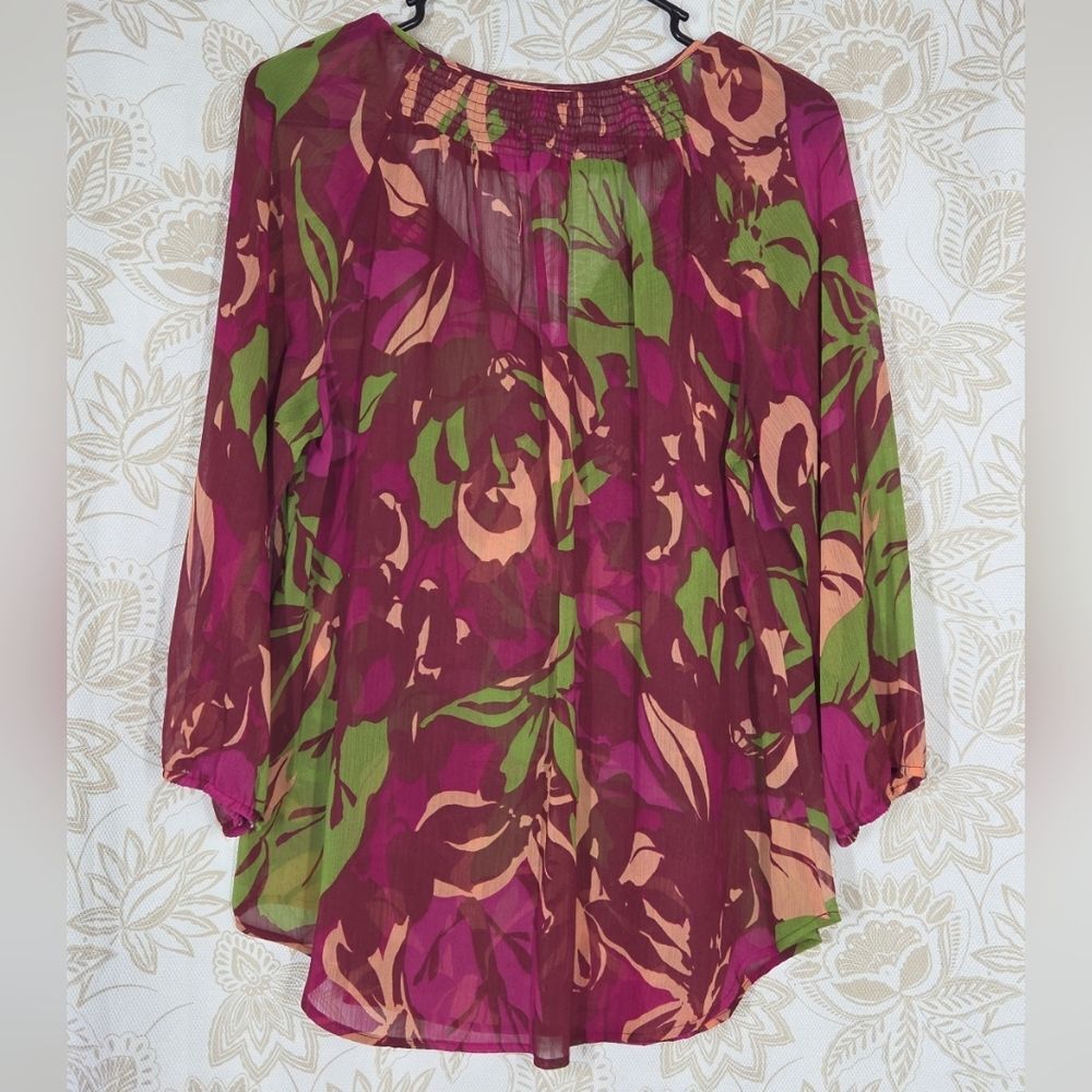 St Johns Bay Womens Floral Semi Sheer Peasant Tunic top Shirt Sz L EUC Boho Fall - Picture 2 of 11